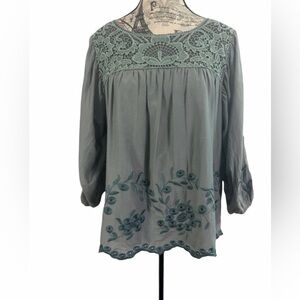 Hazel Elegant Floral Embroidered Lace Trim Sage Green Blouse Size S